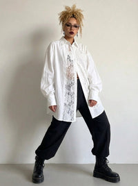 White Asymmetric Lace Oversized Shirt