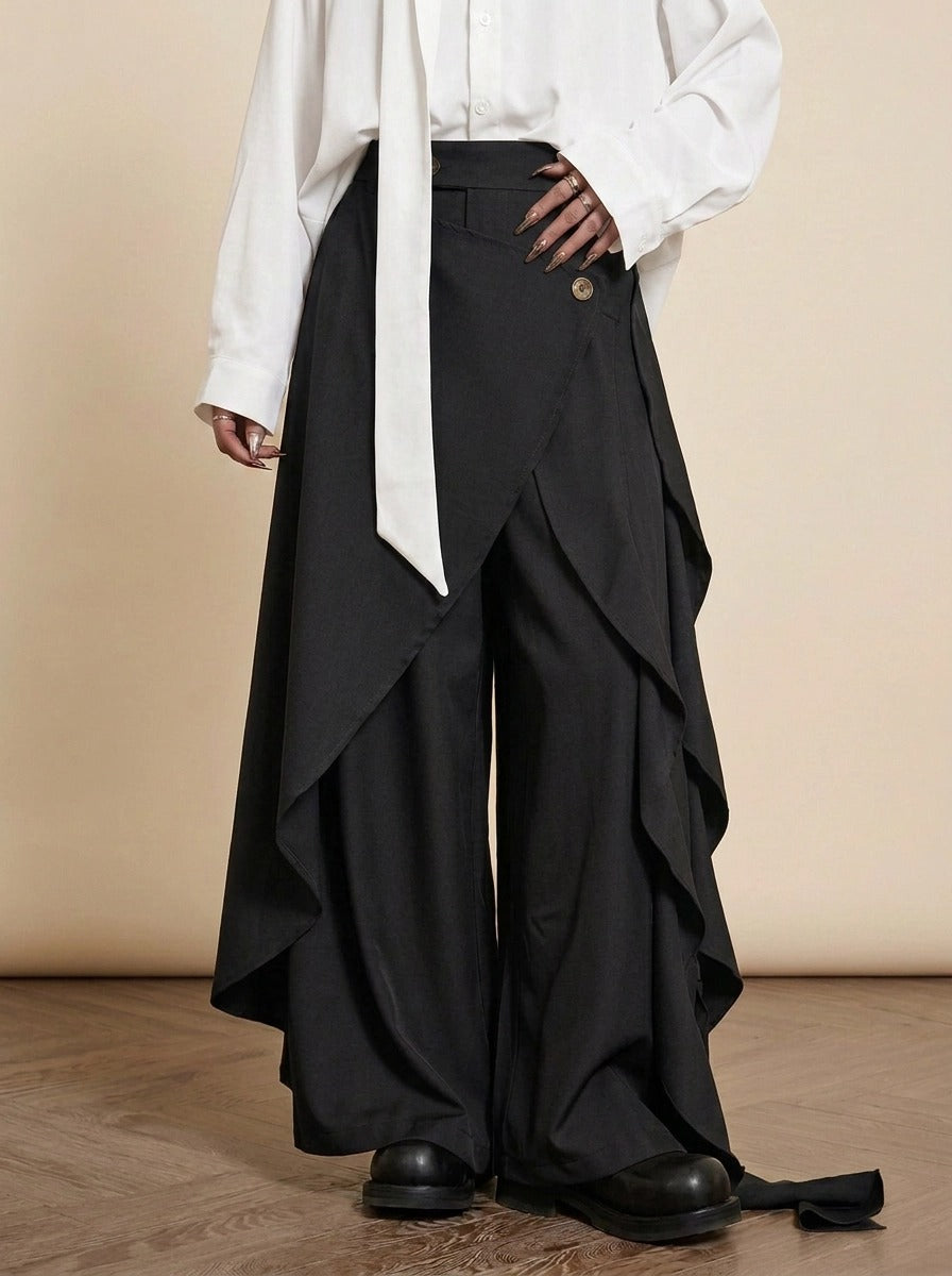 Black Deconstructed Layered Wide Leg Trousers