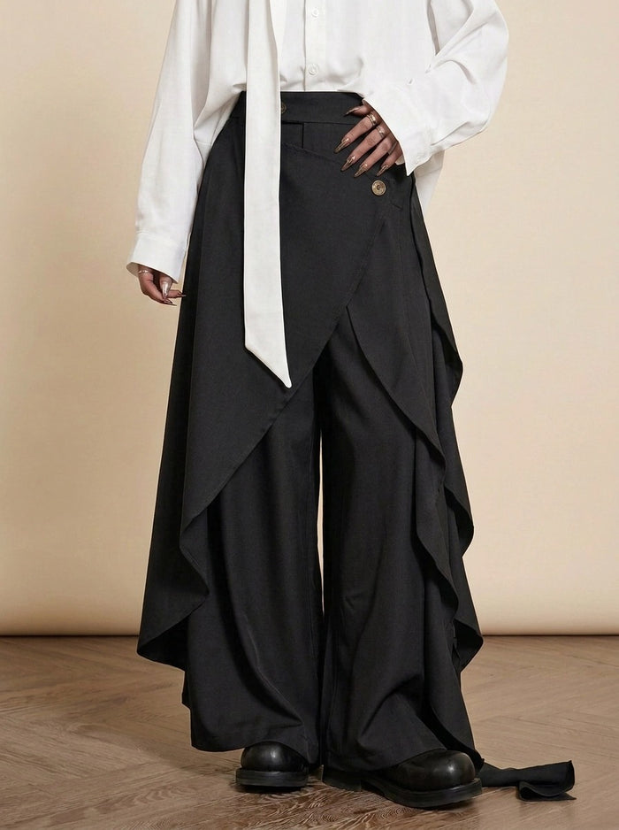 Black Deconstructed Layered Wide Leg Trousers-SimpleModerne