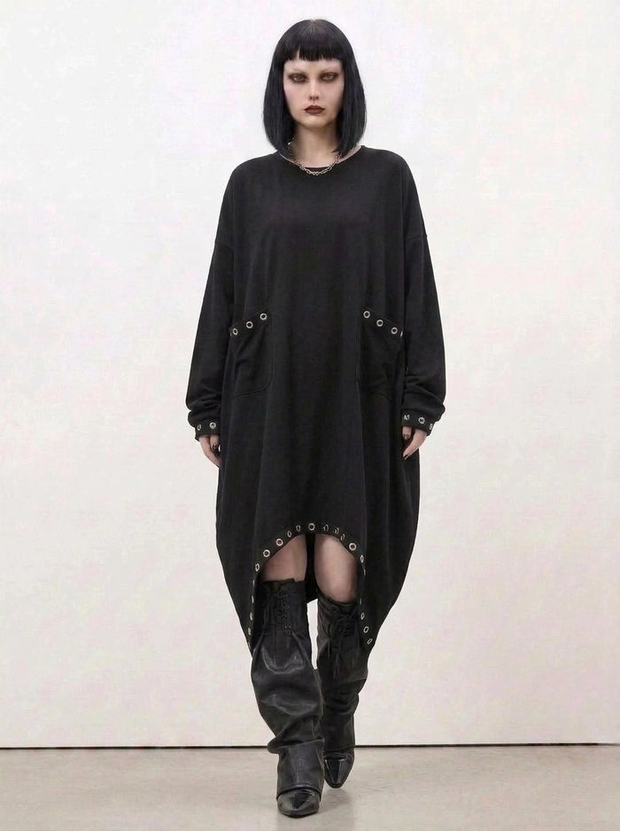Oversized Rivet-Trim Pullover Dress – Punk-Inspired Cocoon Fit-SimpleModerne