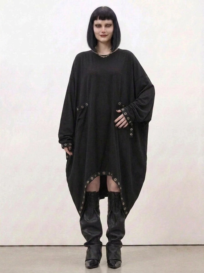 Oversized Rivet-Trim Pullover Dress – Punk-Inspired Cocoon Fit-SimpleModerne