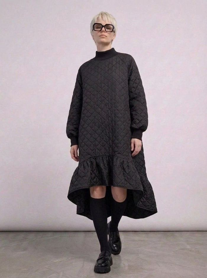 Quilted Winter Dress with Turtleneck and Knitted Cuffs - Warm and Stylish Mid-Calf Design-SimpleModerne