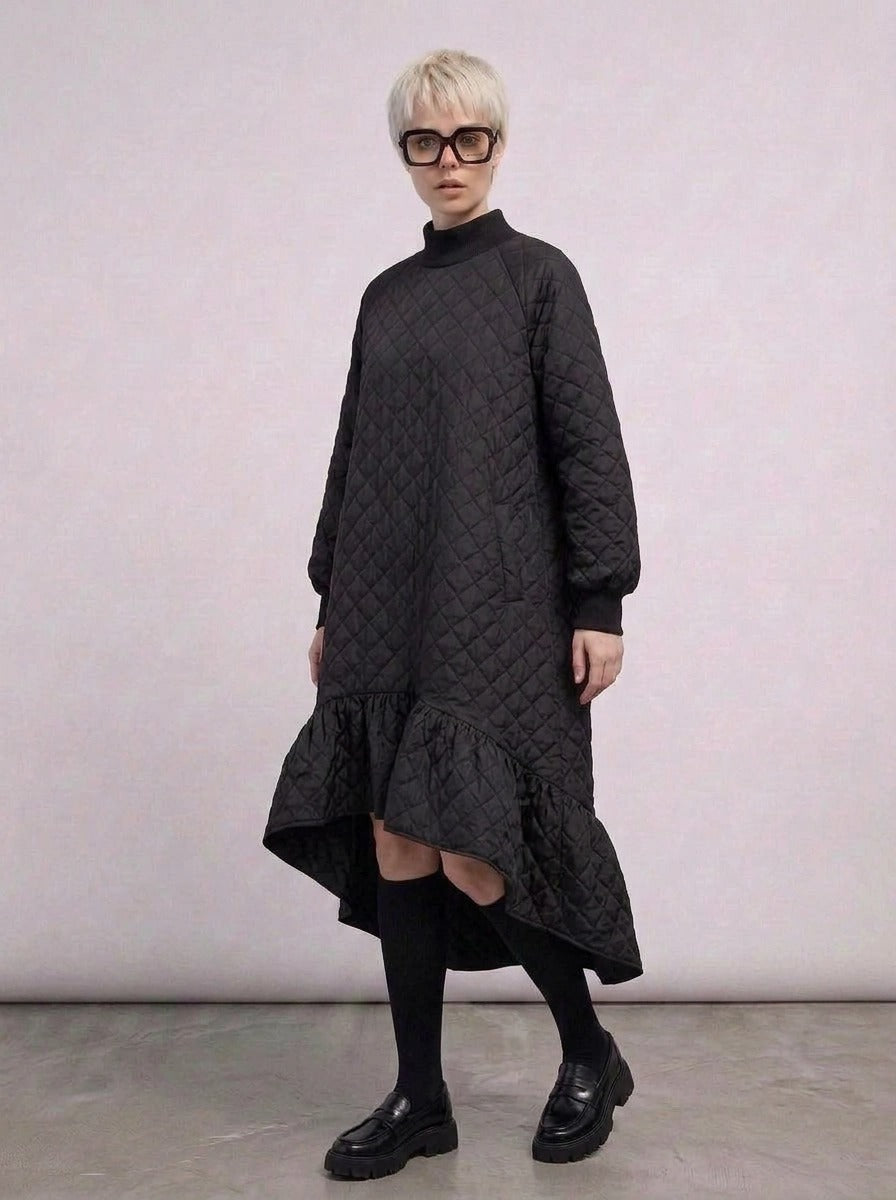 Quilted Winter Dress with Turtleneck and Knitted Cuffs - Warm and Stylish Mid-Calf Design-SimpleModerne