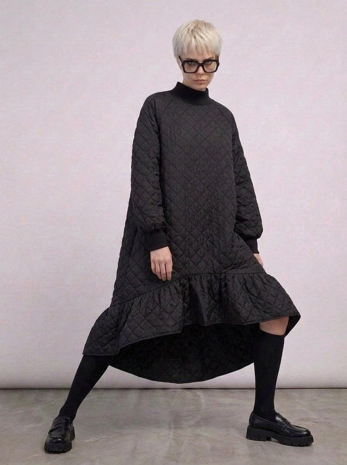 Quilted Winter Dress with Turtleneck and Knitted Cuffs - Warm and Stylish Mid-Calf Design-SimpleModerne