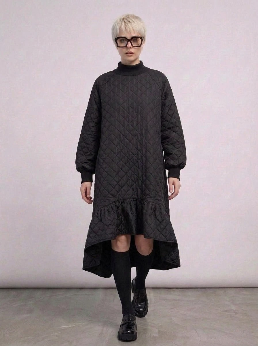 Quilted Winter Dress with Turtleneck and Knitted Cuffs - Warm and Stylish Mid-Calf Design-SimpleModerne