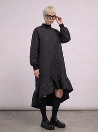 Quilted Winter Dress with Turtleneck and Knitted Cuffs - Warm and Stylish Mid-Calf Design-SimpleModerne