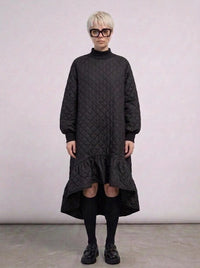 Quilted Winter Dress with Turtleneck and Knitted Cuffs - Warm and Stylish Mid-Calf Design-SimpleModerne