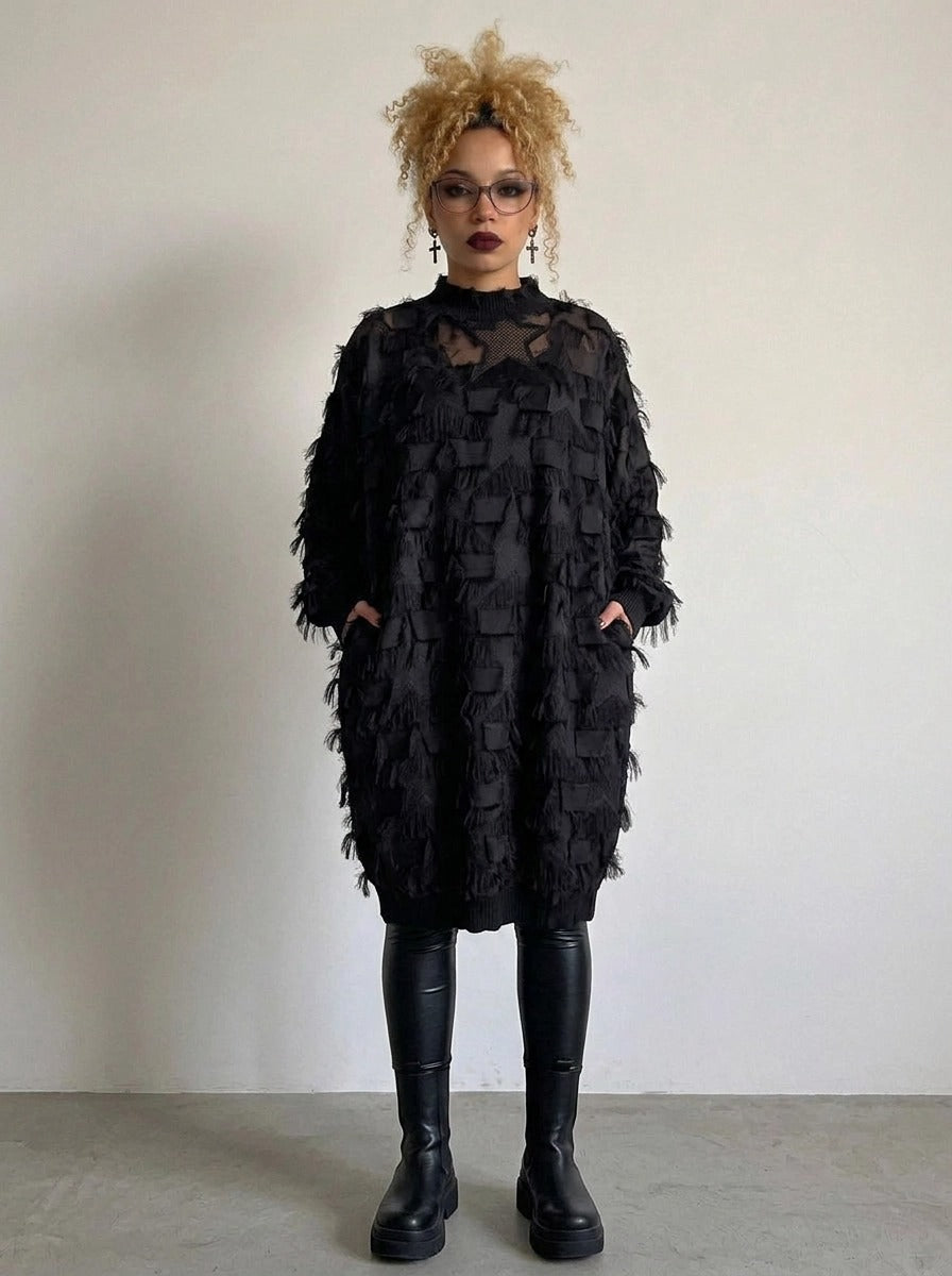 Edgy Sheer Pullover Dress with Side Splits and Textured Star Details-SimpleModerne