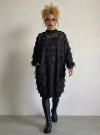 Edgy Sheer Pullover Dress with Side Splits and Textured Star Details-SimpleModerne