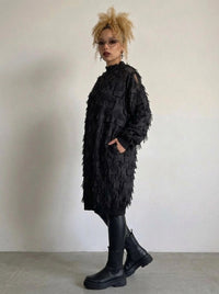 Edgy Sheer Pullover Dress with Side Splits and Textured Star Details-SimpleModerne