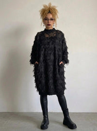 Edgy Sheer Pullover Dress with Side Splits and Textured Star Details-SimpleModerne