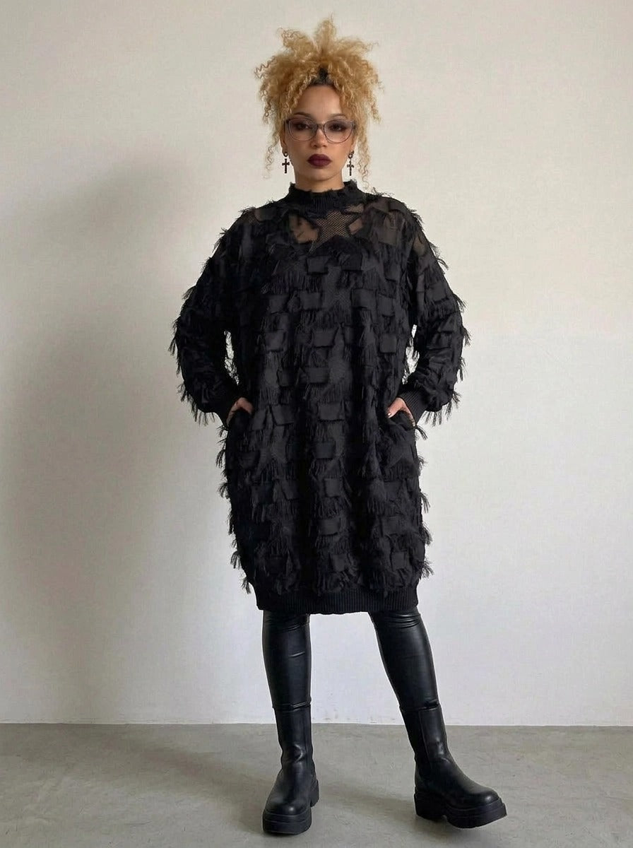 Edgy Sheer Pullover Dress with Side Splits and Textured Star Details-SimpleModerne