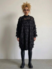 Edgy Sheer Pullover Dress with Side Splits and Textured Star Details-SimpleModerne