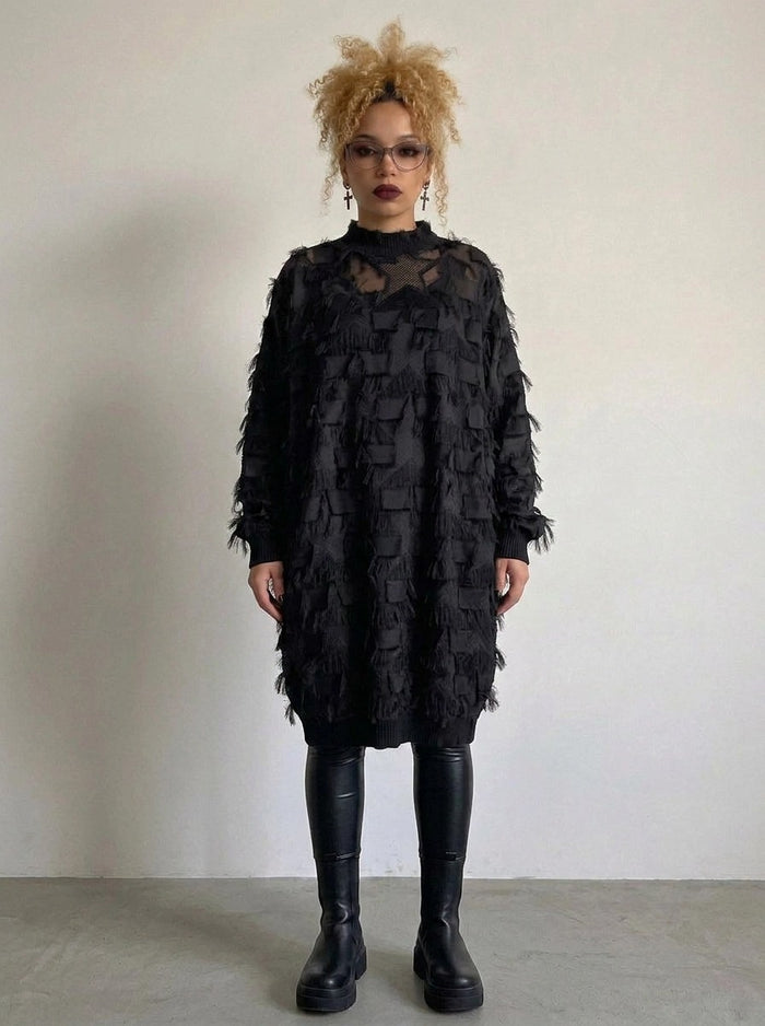 Edgy Sheer Pullover Dress with Side Splits and Textured Star Details-SimpleModerne