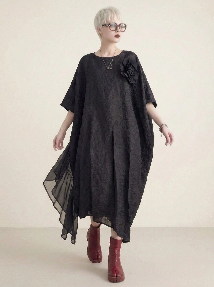 Urban Oversized Black Maxi Dress with Tulle Insert and 3D Textured Fabric-SimpleModerne