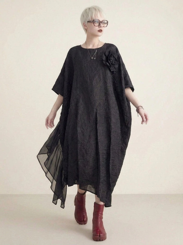 Urban Oversized Black Maxi Dress with Tulle Insert and 3D Textured Fabric-SimpleModerne