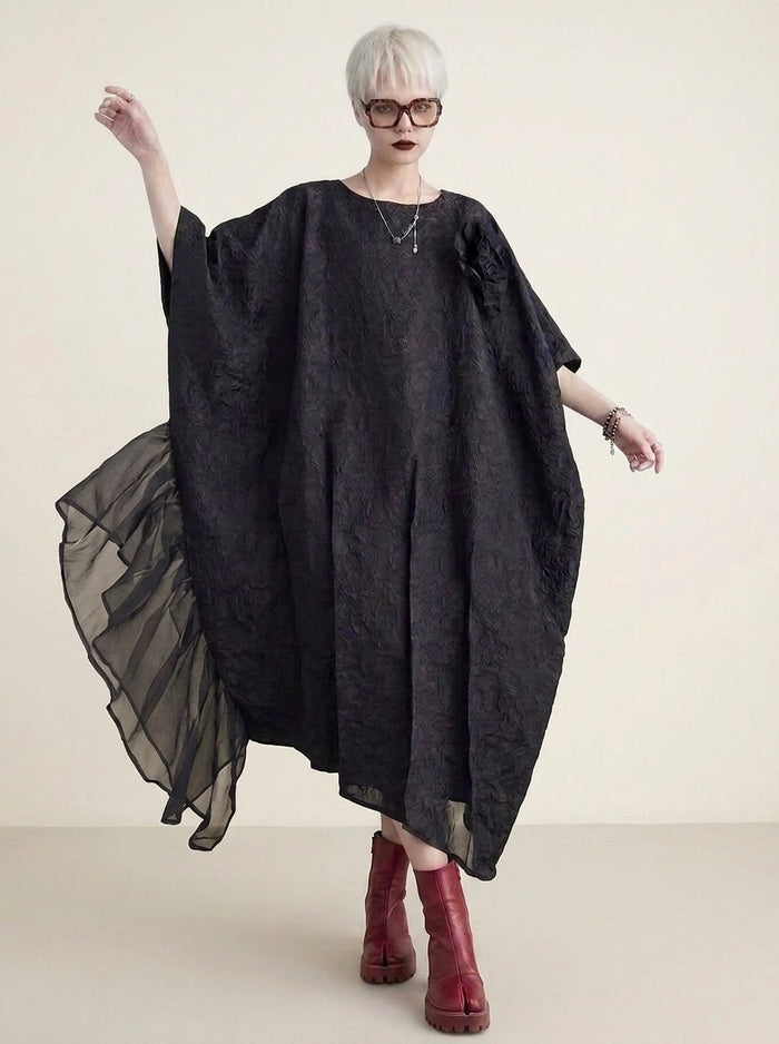 Urban Oversized Black Maxi Dress with Tulle Insert and 3D Textured Fabric-SimpleModerne