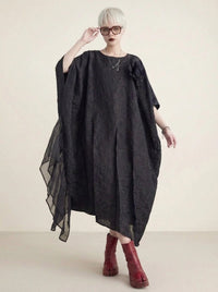 Urban Oversized Black Maxi Dress with Tulle Insert and 3D Textured Fabric-SimpleModerne