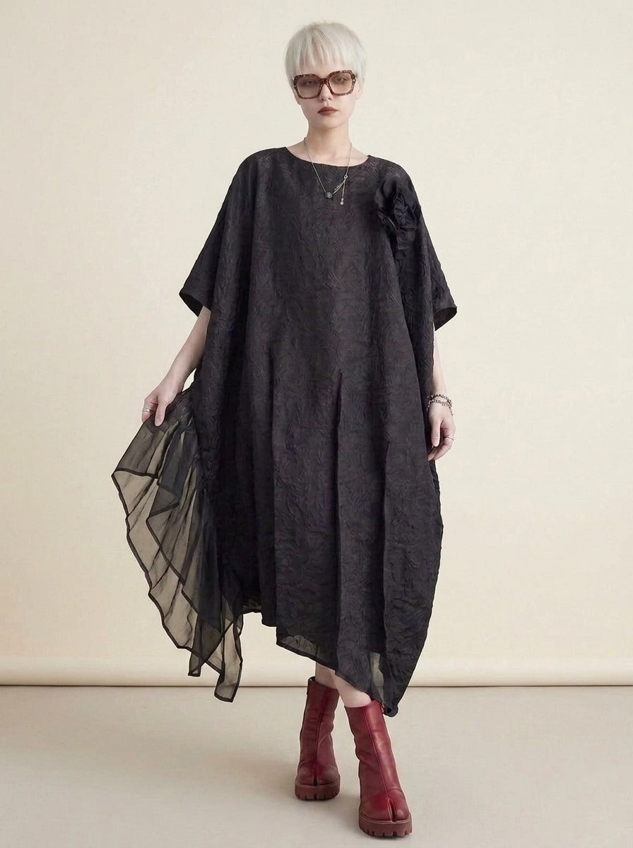 Urban Oversized Black Maxi Dress with Tulle Insert and 3D Textured Fabric-SimpleModerne