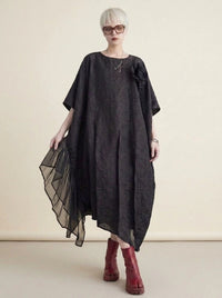 Urban Oversized Black Maxi Dress with Tulle Insert and 3D Textured Fabric-SimpleModerne