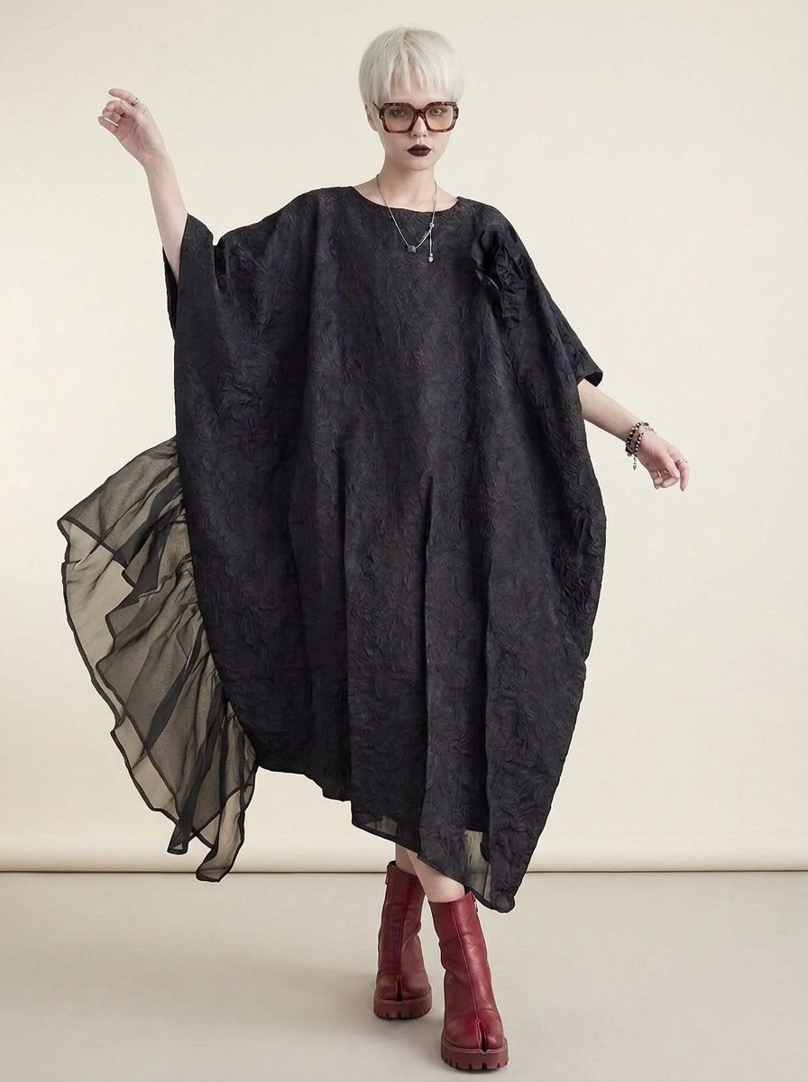 Urban Oversized Black Maxi Dress with Tulle Insert and 3D Textured Fabric-SimpleModerne