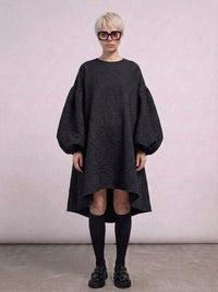 Oversized Lantern Sleeve Dress with Asymmetrical Hemline – Gothic Inspired Minimalism-SimpleModerne