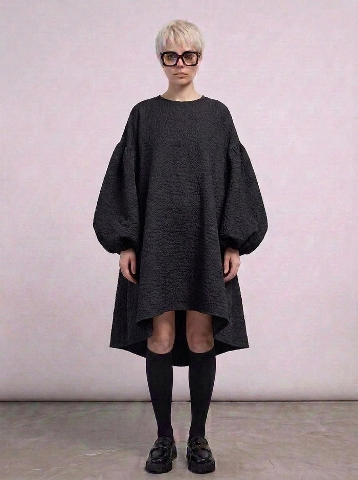 Oversized Lantern Sleeve Dress with Asymmetrical Hemline – Gothic Inspired Minimalism-SimpleModerne