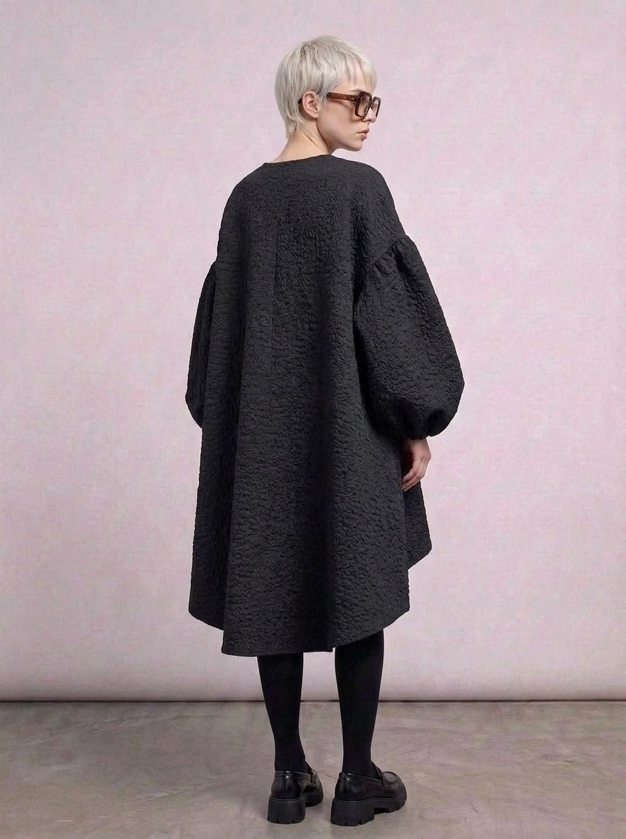 Oversized Lantern Sleeve Dress with Asymmetrical Hemline – Gothic Inspired Minimalism-SimpleModerne
