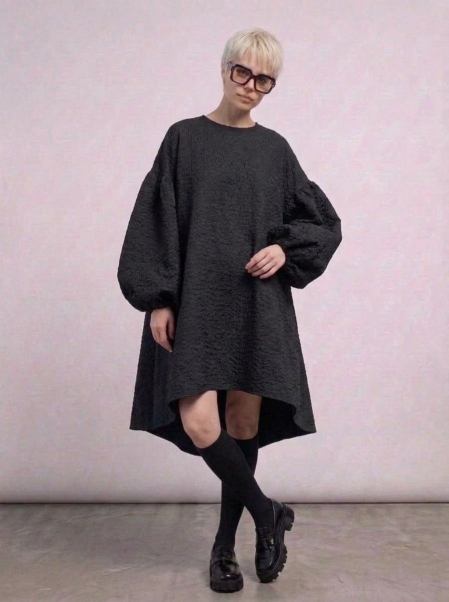 Oversized Lantern Sleeve Dress with Asymmetrical Hemline – Gothic Inspired Minimalism-SimpleModerne