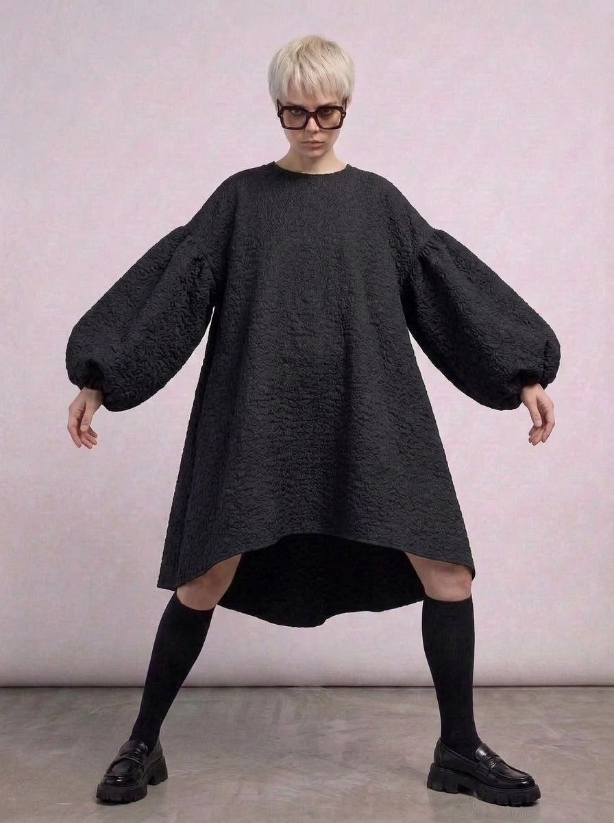 Oversized Lantern Sleeve Dress with Asymmetrical Hemline – Gothic Inspired Minimalism-SimpleModerne