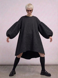 Oversized Lantern Sleeve Dress with Asymmetrical Hemline – Gothic Inspired Minimalism-SimpleModerne