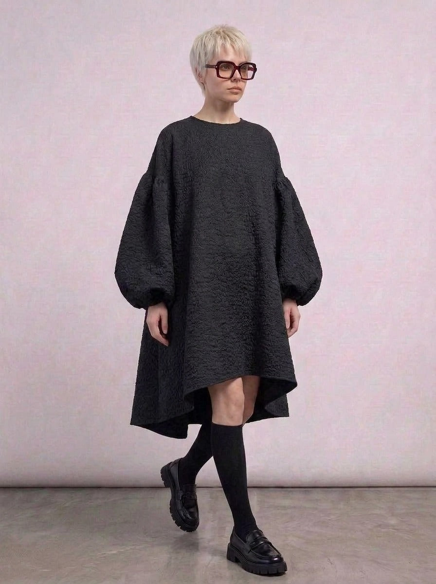 Oversized Lantern Sleeve Dress with Asymmetrical Hemline – Gothic Inspired Minimalism-SimpleModerne