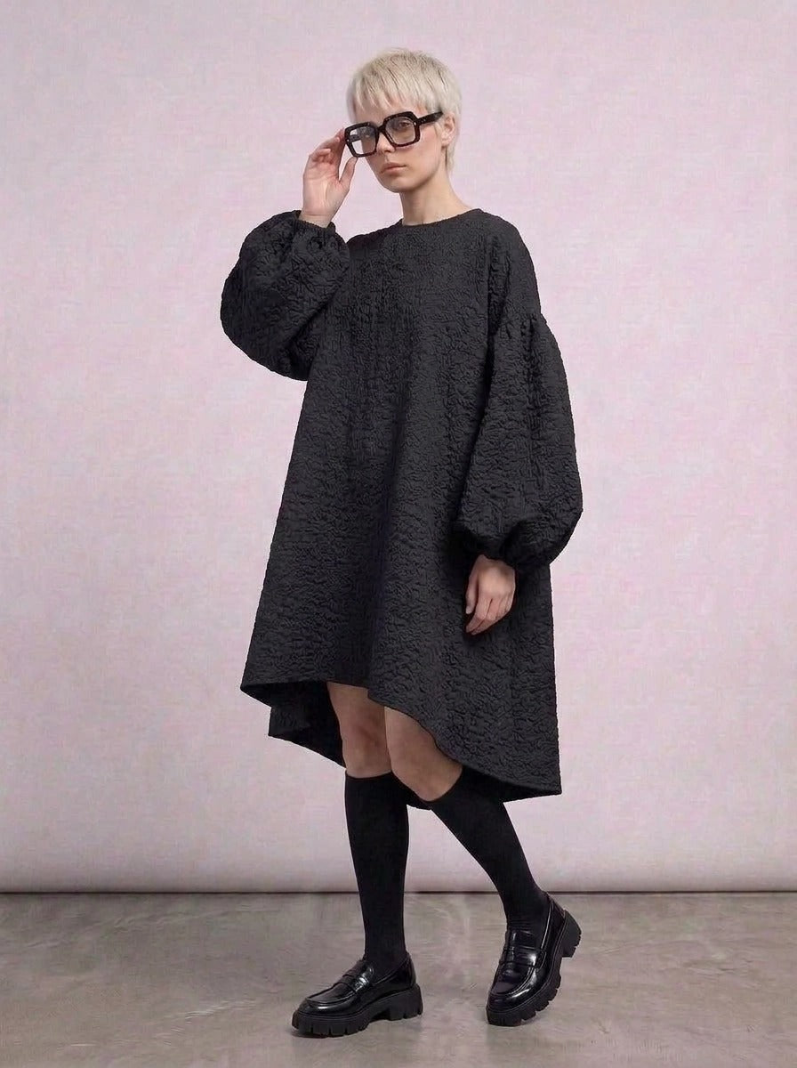 Oversized Lantern Sleeve Dress with Asymmetrical Hemline – Gothic Inspired Minimalism-SimpleModerne