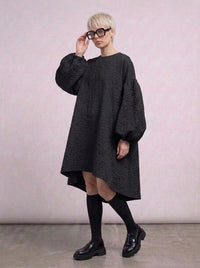 Oversized Lantern Sleeve Dress with Asymmetrical Hemline – Gothic Inspired Minimalism-SimpleModerne