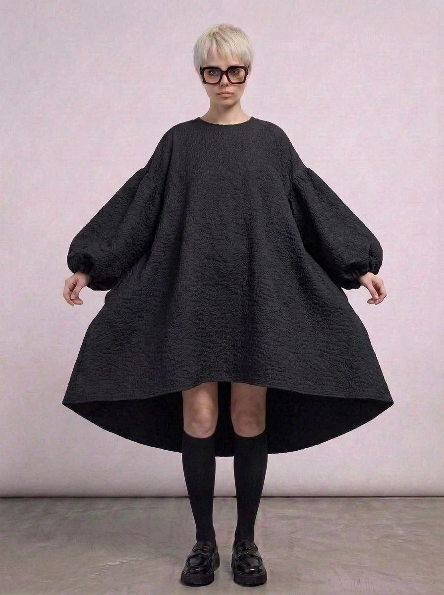 Oversized Lantern Sleeve Dress with Asymmetrical Hemline – Gothic Inspired Minimalism-SimpleModerne