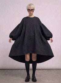 Oversized Lantern Sleeve Dress with Asymmetrical Hemline – Gothic Inspired Minimalism-SimpleModerne