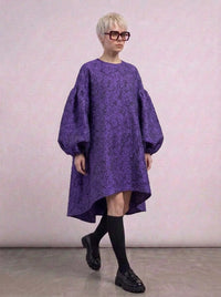 Purple Floral Lantern Sleeve Asymmetrical Dress - Elegant Winter-Ready Design-SimpleModerne