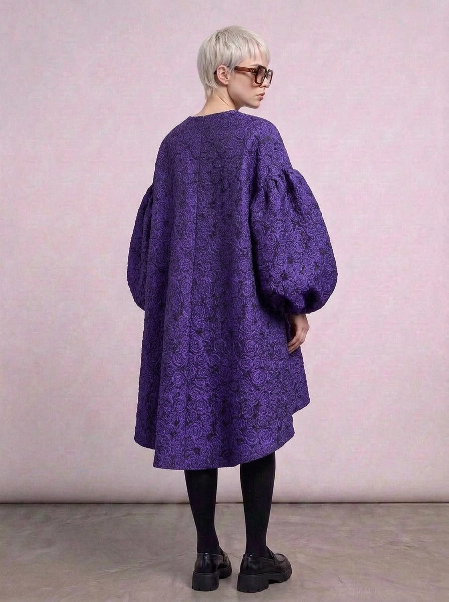 Purple Floral Lantern Sleeve Asymmetrical Dress - Elegant Winter-Ready Design-SimpleModerne