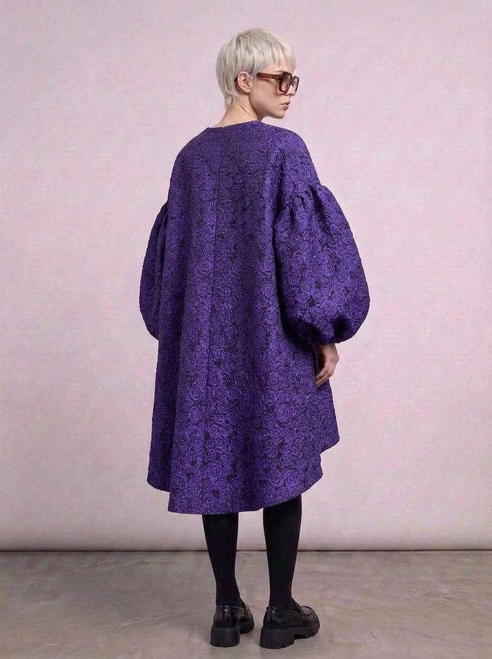 Purple Floral Lantern Sleeve Asymmetrical Dress - Elegant Winter-Ready Design-SimpleModerne