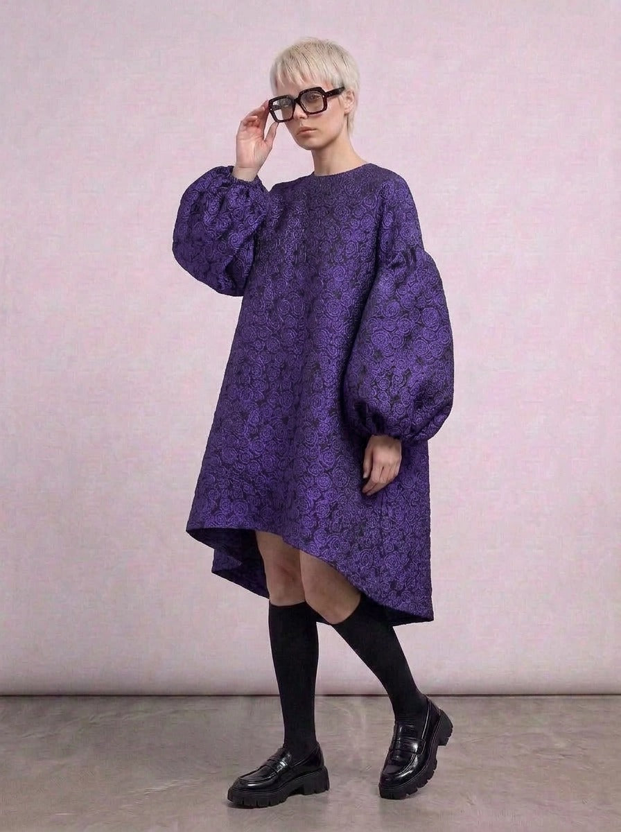 Purple Floral Lantern Sleeve Asymmetrical Dress - Elegant Winter-Ready Design-SimpleModerne