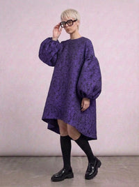 Purple Floral Lantern Sleeve Asymmetrical Dress - Elegant Winter-Ready Design-SimpleModerne