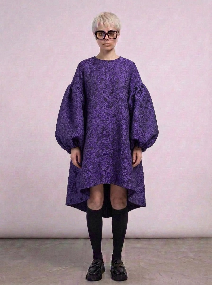 Purple Floral Lantern Sleeve Asymmetrical Dress - Elegant Winter-Ready Design-SimpleModerne