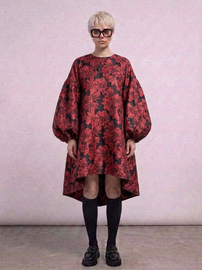Red Floral Lantern Sleeve Asymmetrical Winter Dress – High-Low Pullover Style-SimpleModerne