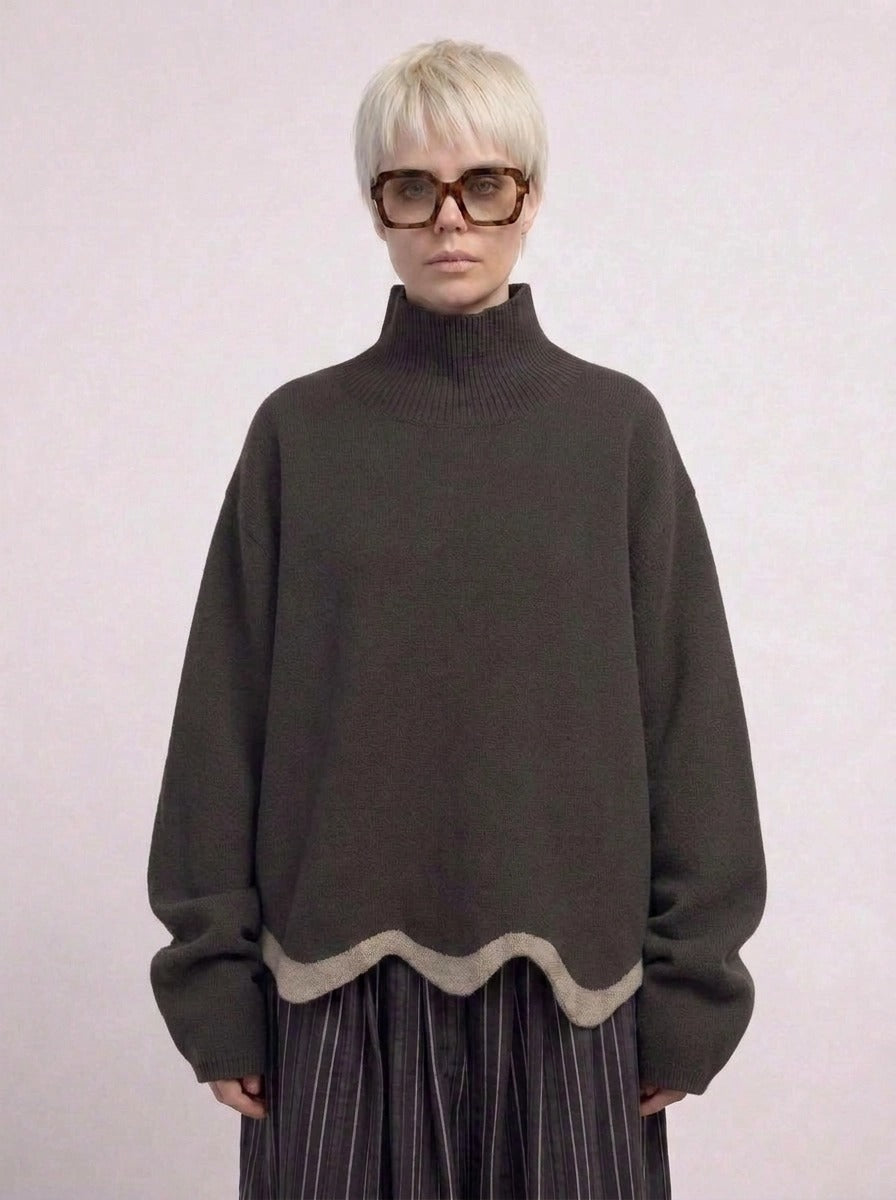 Limited Edition Dark Green Wave Hem Turtleneck Pullover