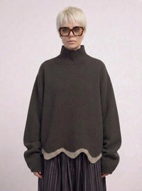 Limited Edition Dark Green Wave Hem Turtleneck Pullover