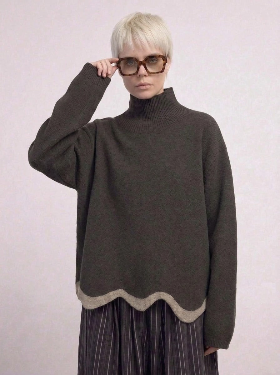 Limited Edition Dark Green Wave Hem Turtleneck Pullover