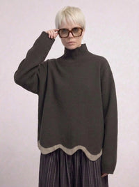 Limited Edition Dark Green Wave Hem Turtleneck Pullover