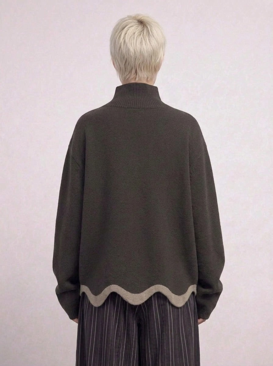 Limited Edition Dark Green Wave Hem Turtleneck Pullover