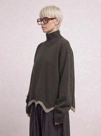 Limited Edition Dark Green Wave Hem Turtleneck Pullover