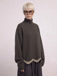 Limited Edition Dark Green Wave Hem Turtleneck Pullover